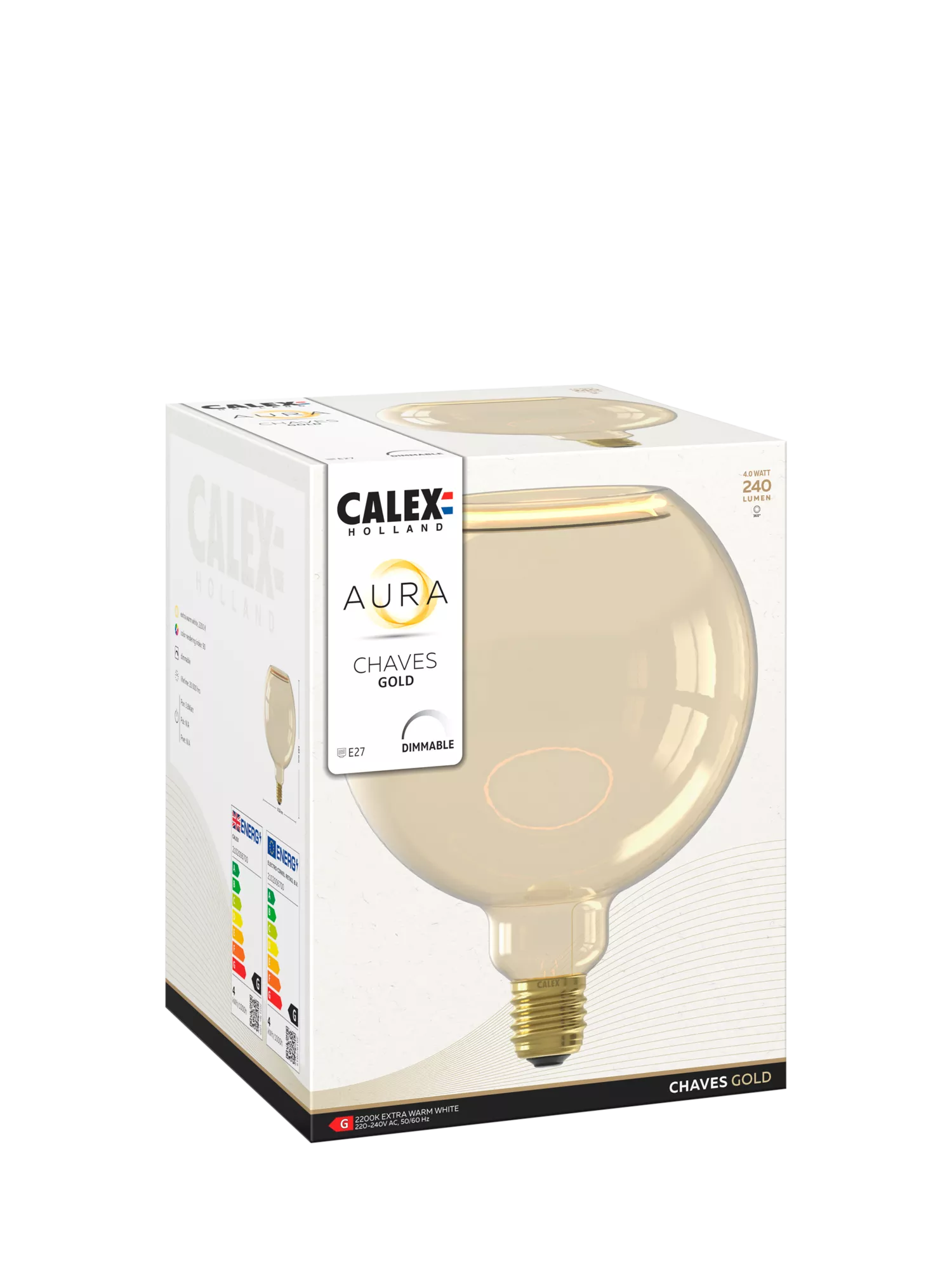 Calex gold-tinted LED globe bulb G150, imported from the UK