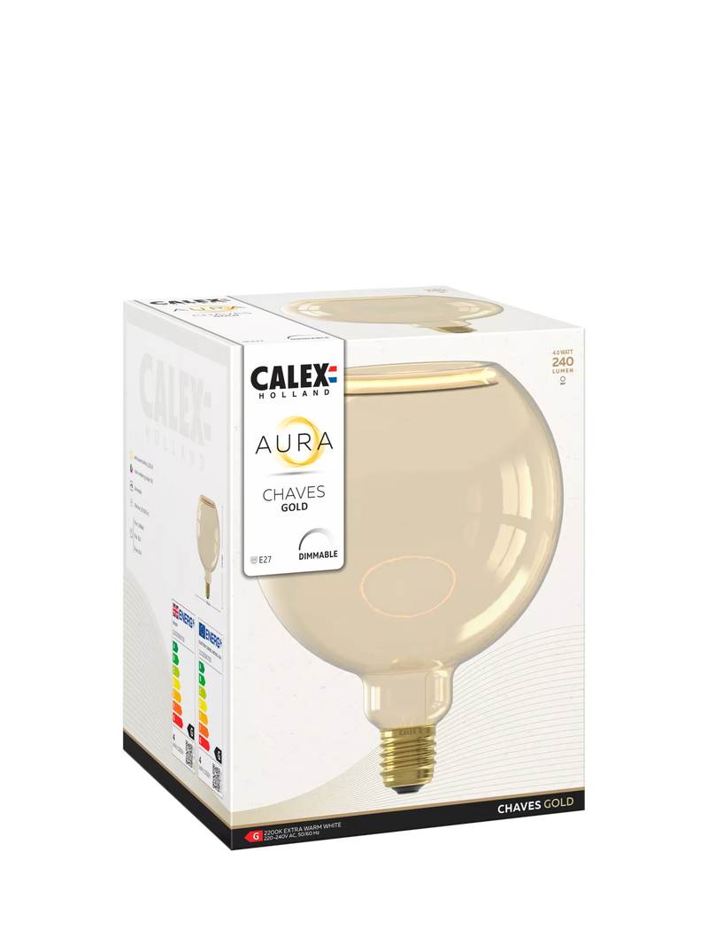 Calex gold-tinted LED globe bulb G150, imported from the UK
