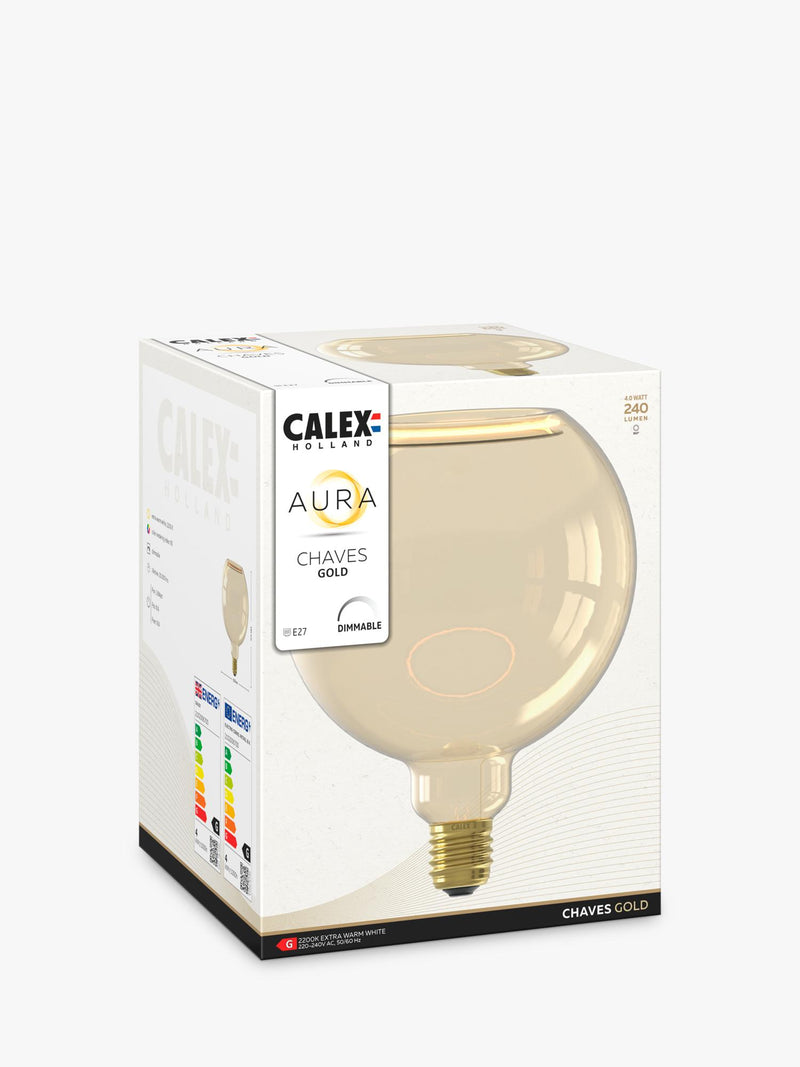 Calex gold-tinted LED globe bulb G150, imported from the UK