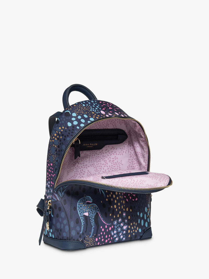 Sara Miller faux saffiano leather mini backpack Midnight Leopard, UK version
