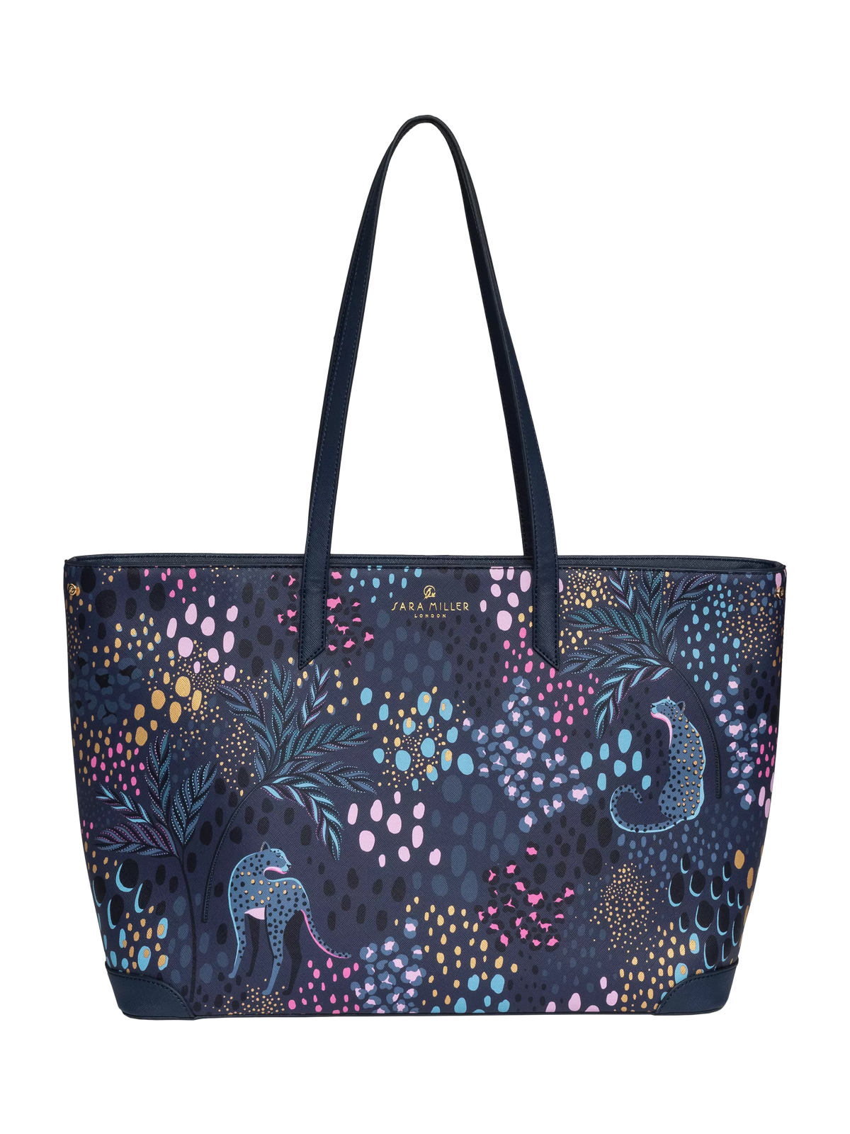 Sara Miller faux saffiano tote bag midnight leopard, imported from the UK