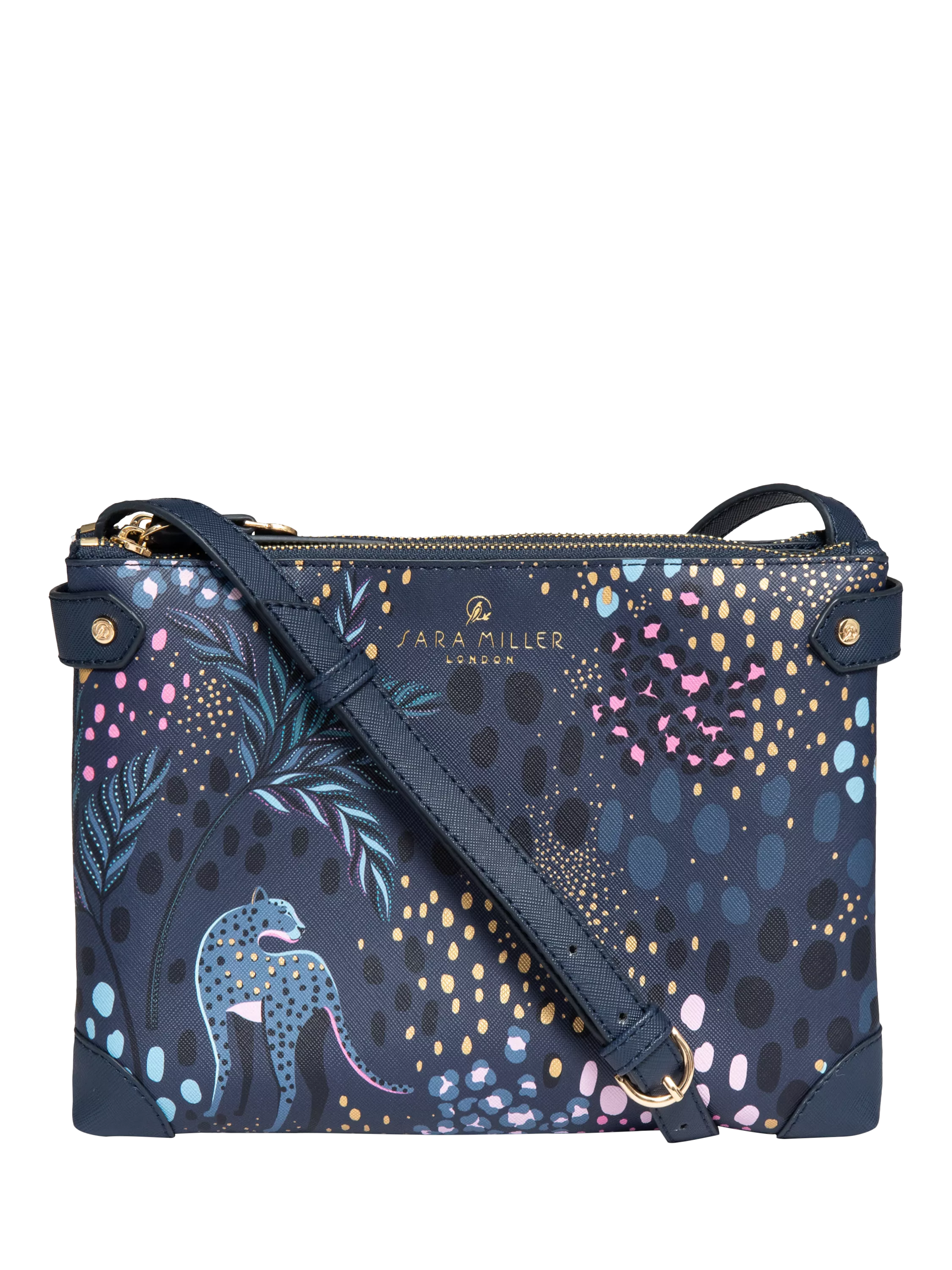 Sara Miller faux saffiano leather crossbody bag Midnight Leopard, imported from the UK