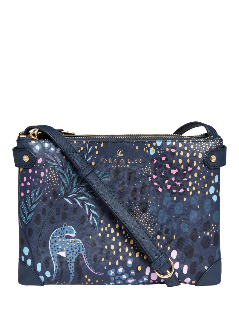 Sara Miller faux saffiano leather crossbody bag Midnight Leopard, imported from the UK