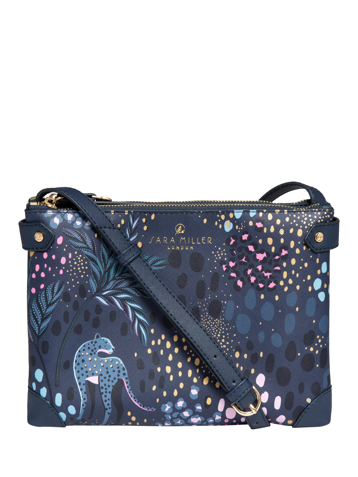 Sara Miller faux saffiano leather crossbody bag Midnight Leopard, imported from the UK