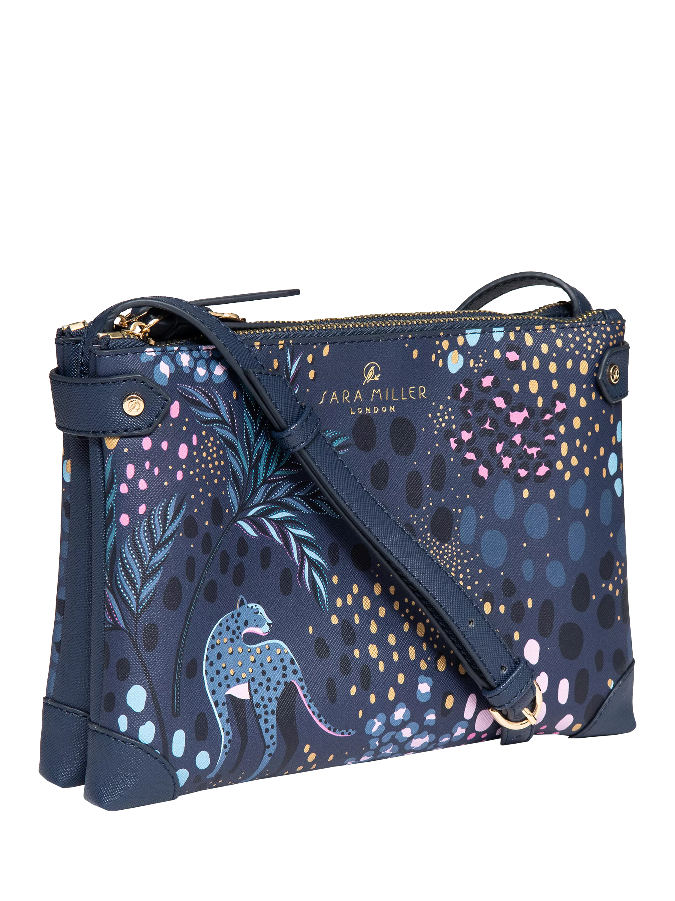 Sara Miller faux saffiano leather crossbody bag Midnight Leopard, imported from the UK
