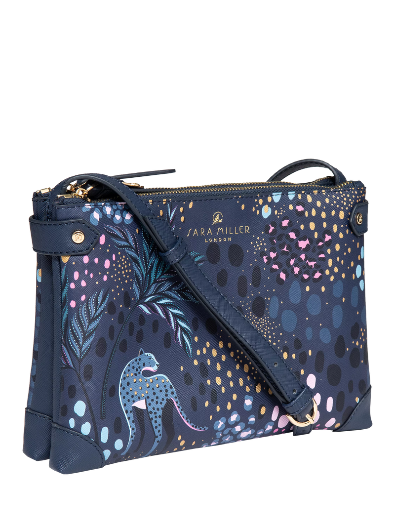 Sara Miller faux saffiano leather crossbody bag Midnight Leopard, imported from the UK