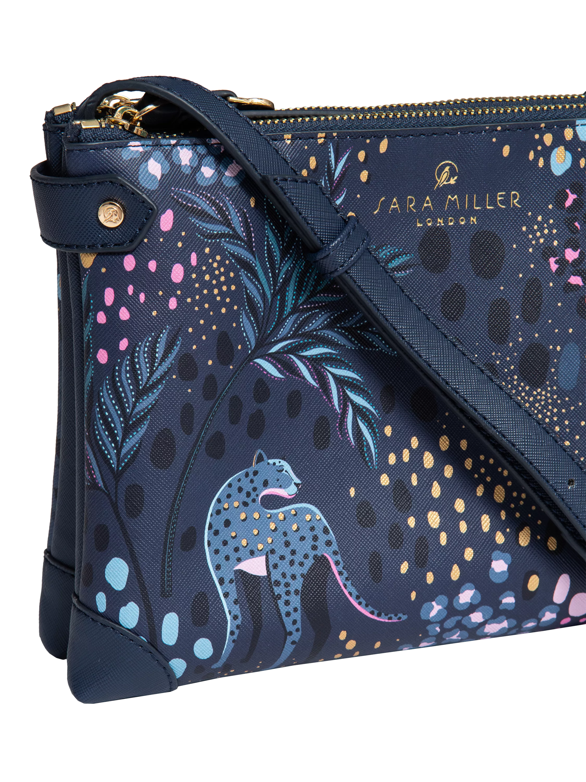 Sara Miller faux saffiano leather crossbody bag Midnight Leopard, imported from the UK
