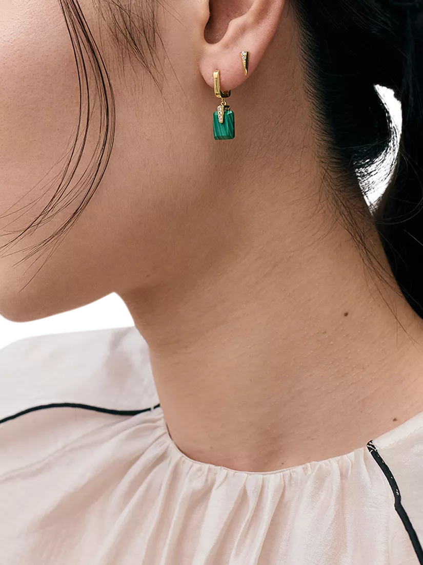 Astley Clarke malachite Deco drop huggie earrings gold, imported from the UK
