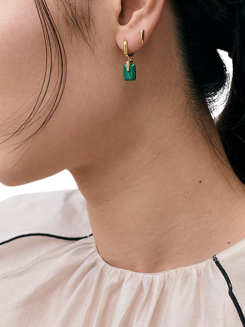 Astley Clarke malachite Deco drop huggie earrings gold, imported from the UK