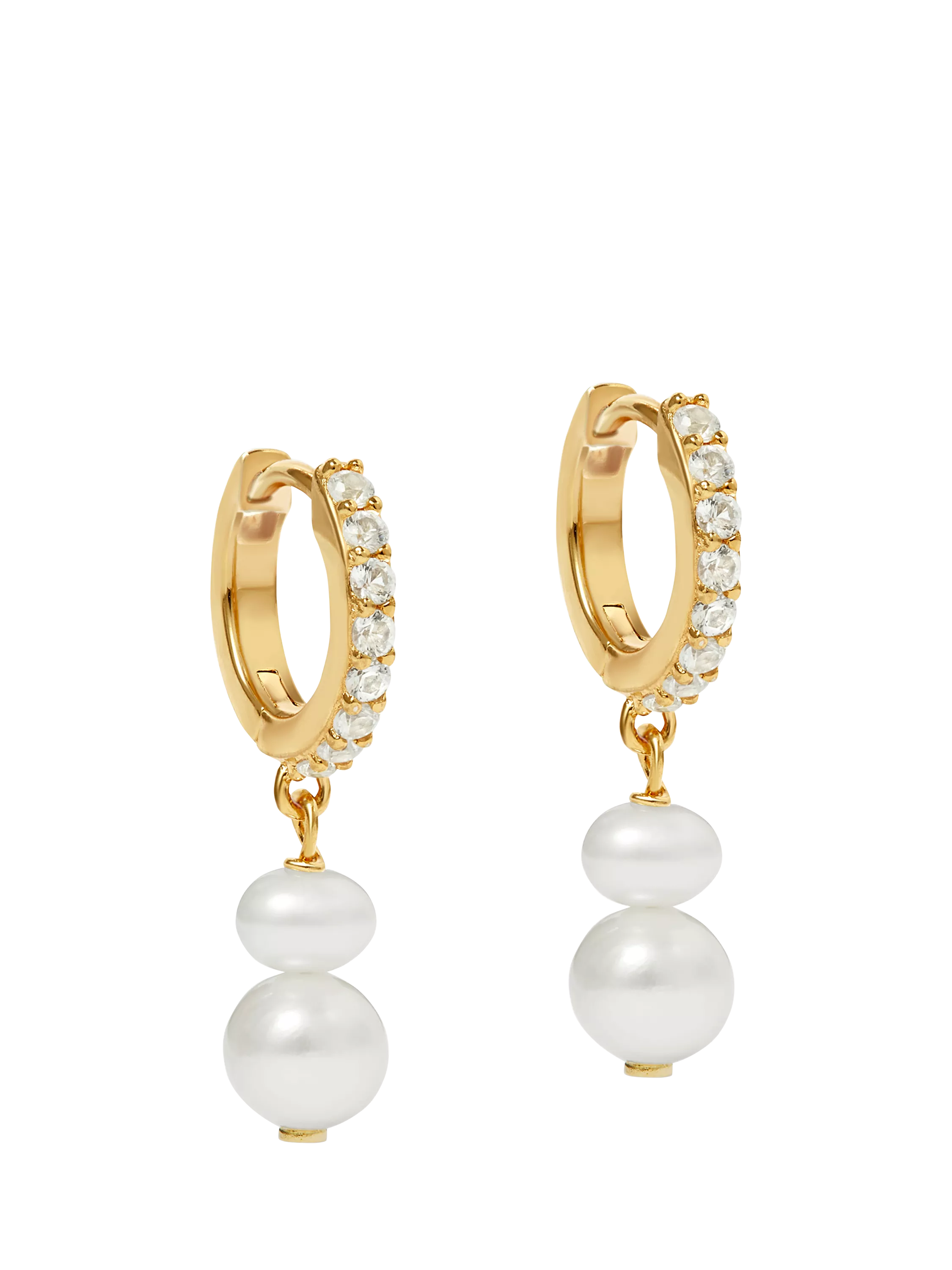 Astley Clarke pearl sapphire huggie earrings gold white, imported from the UK