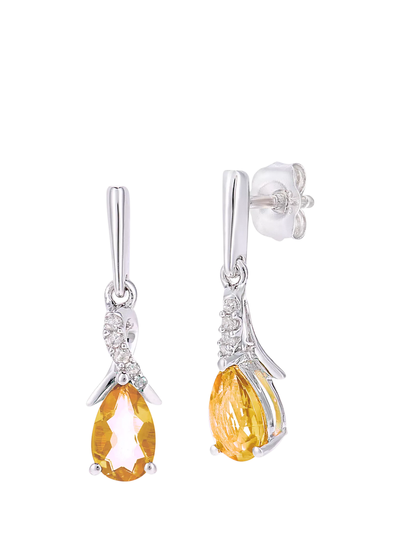 Mogul 9ct white gold citrine diamond drop earrings, UK version