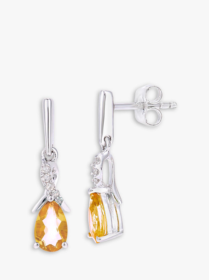 Mogul 9ct white gold citrine diamond drop earrings, UK version
