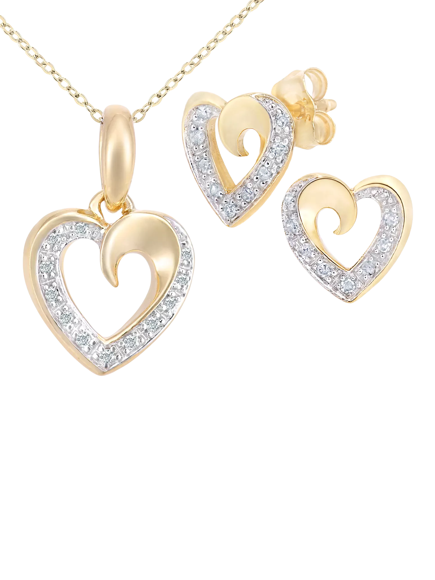Mogul 9ct yellow gold diamond heart pendant and earring set 2.70g, imported from the UK