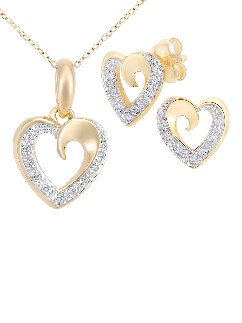 Mogul 9ct yellow gold diamond heart pendant and earring set 2.70g, imported from the UK