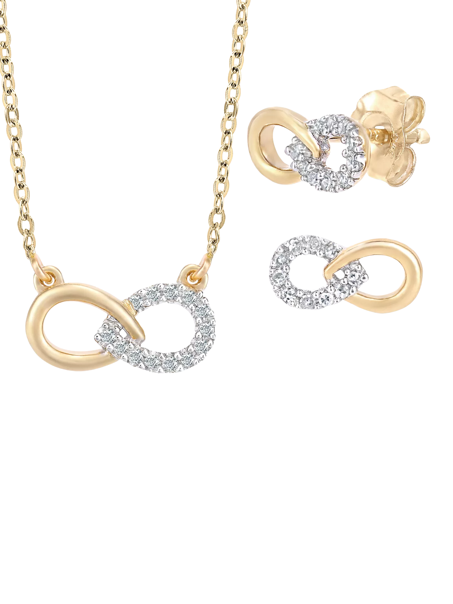 Mogul 9ct yellow gold diamond infinity pendant and earring set - British product
