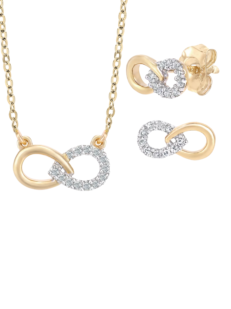Mogul 9ct yellow gold diamond infinity pendant and earring set - British product