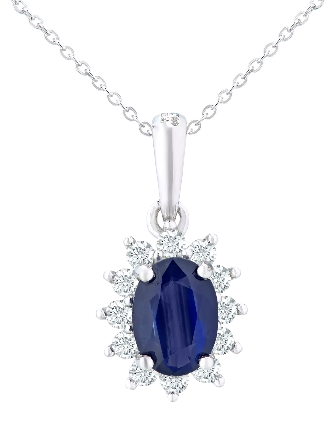 Mogul 9ct white gold oval sapphire diamond pendant, imported from the UK