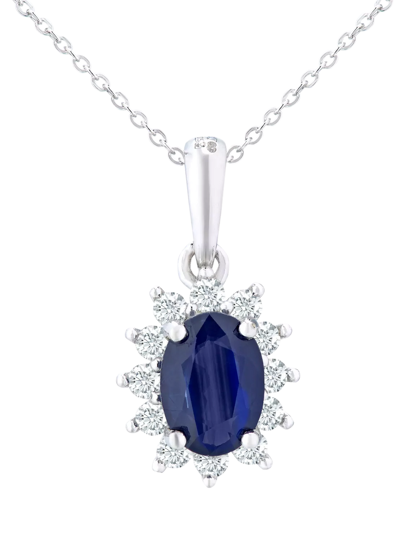 Mogul 9ct white gold oval sapphire diamond pendant, imported from the UK