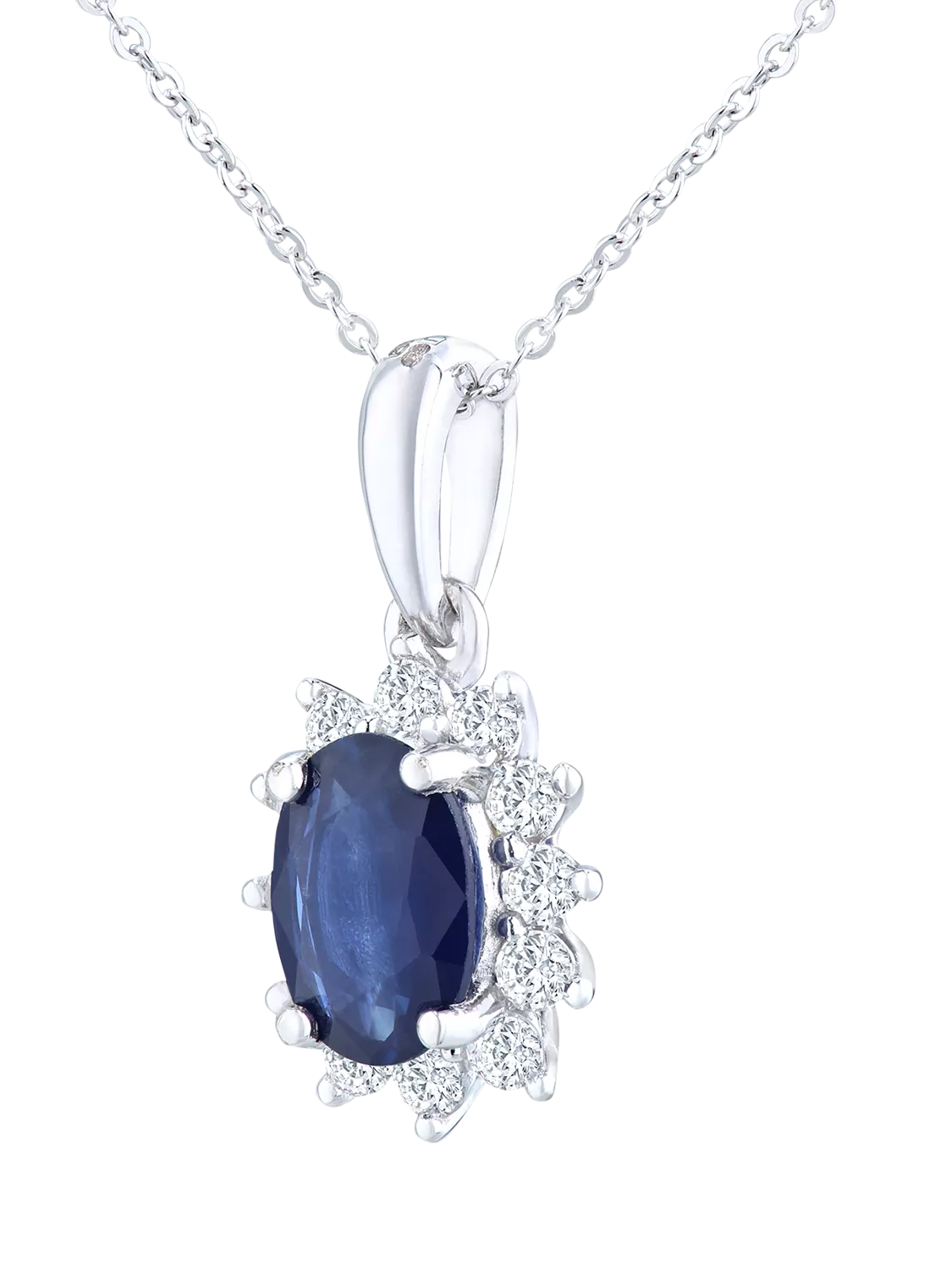 Mogul 9ct white gold oval sapphire diamond pendant, imported from the UK