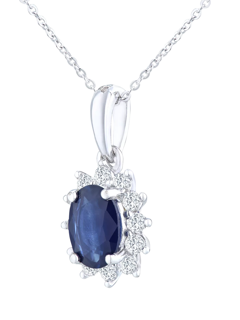 Mogul 9ct white gold oval sapphire diamond pendant, imported from the UK