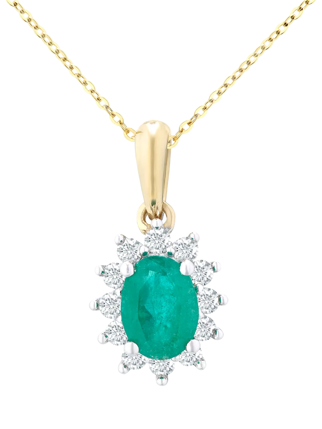 Mogul yellow gold oval emerald diamond pendant, imported from the UK