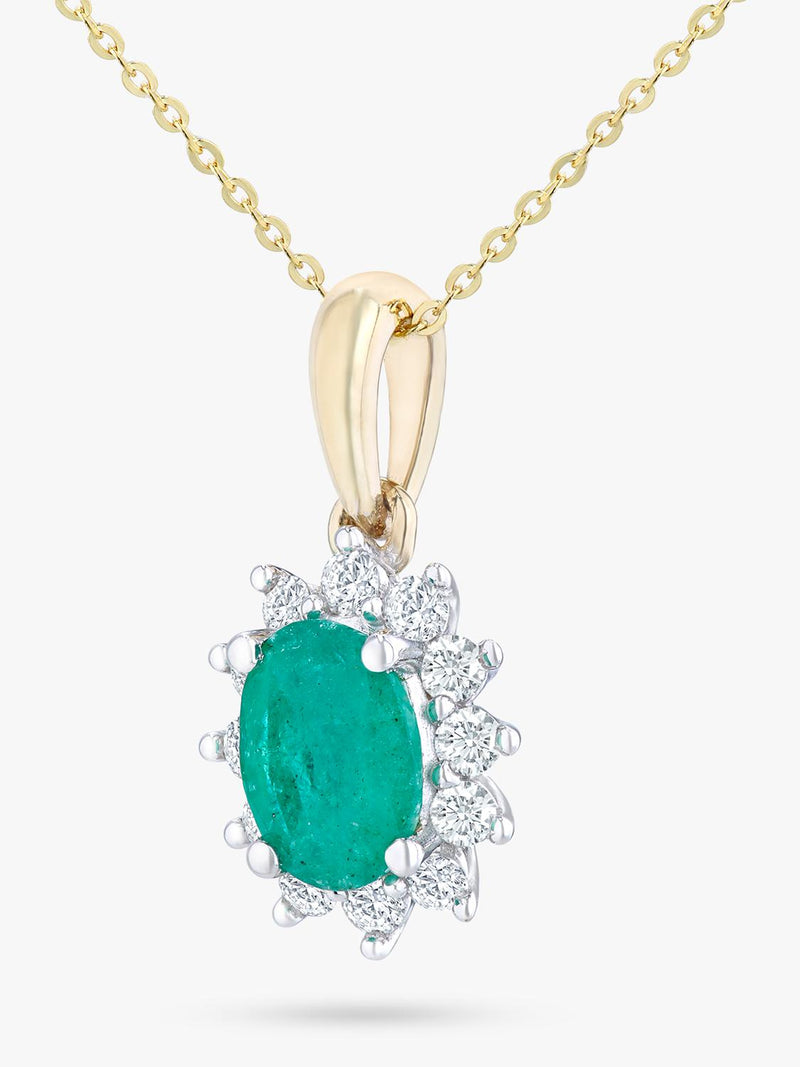 Mogul yellow gold oval emerald diamond pendant, imported from the UK