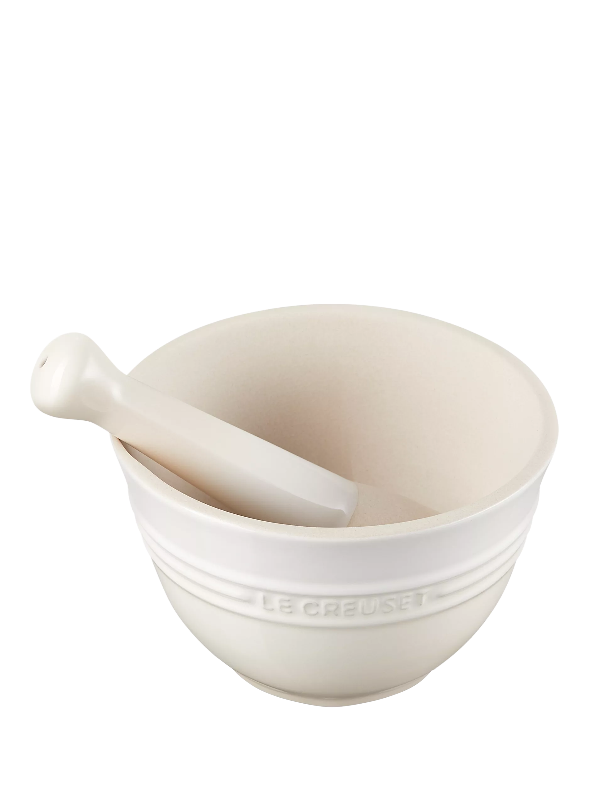 Le Creuset stoneware pestle and mortar in Meringue - British product