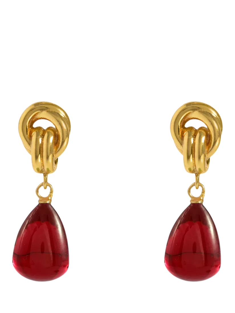 Shyla chunky knot ruby drop earrings gold, UK version