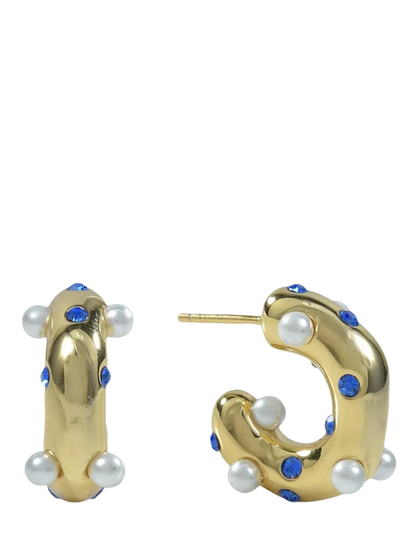 Shyla Lua blue crystal pearl hoop earrings gold plated, imported from the UK