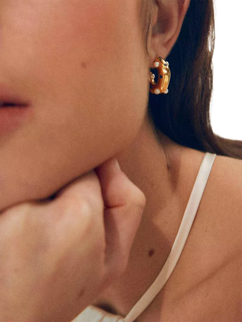 Shyla Lua blue crystal pearl hoop earrings gold plated, imported from the UK