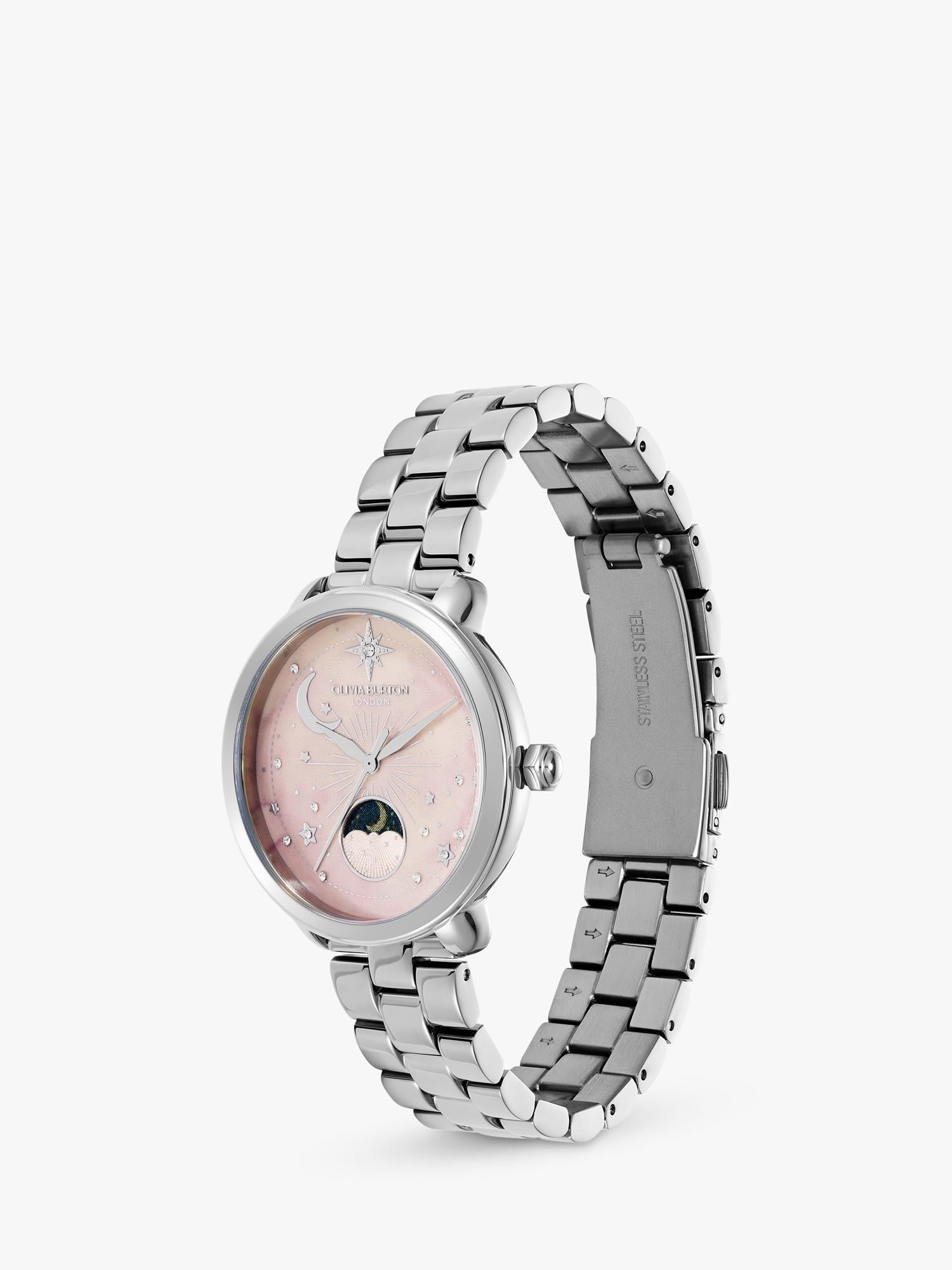 Olivia Burton women's moonphase watch pink dial stainless steel - British product