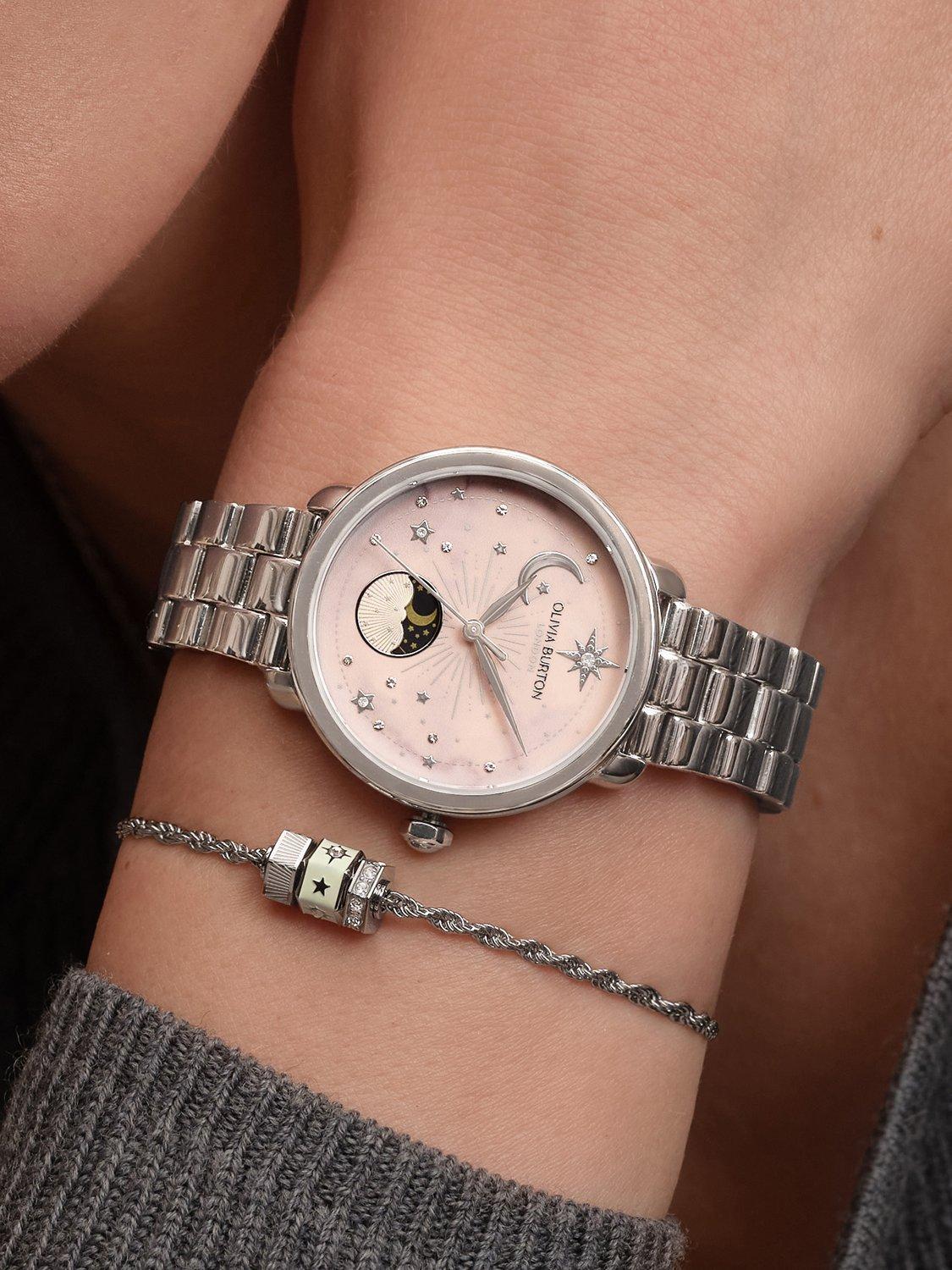 Olivia Burton women's moonphase watch pink dial stainless steel - British product