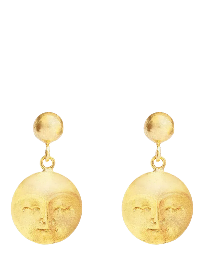 Ottoman Hands moon face gold drop earrings, imported from the UK
