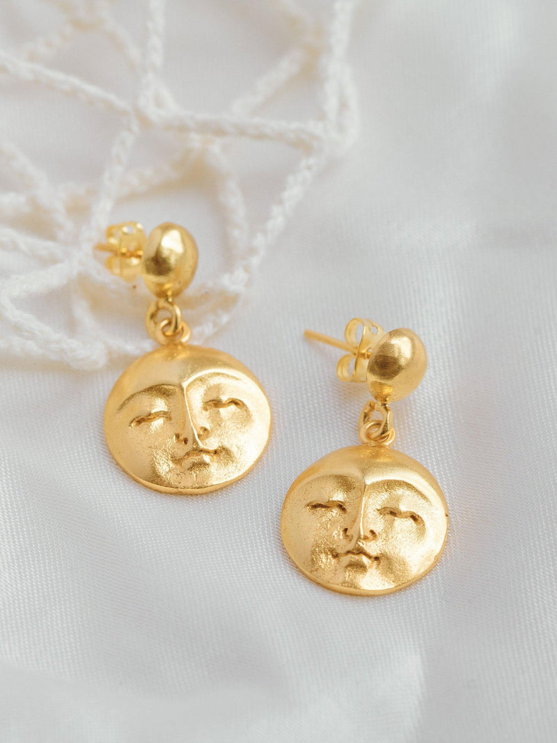 Ottoman Hands moon face gold drop earrings, imported from the UK