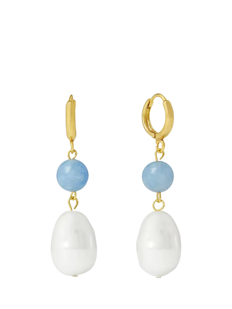 Ottoman Hands huggie pearl earrings gold with blue chalcedony (British brand)