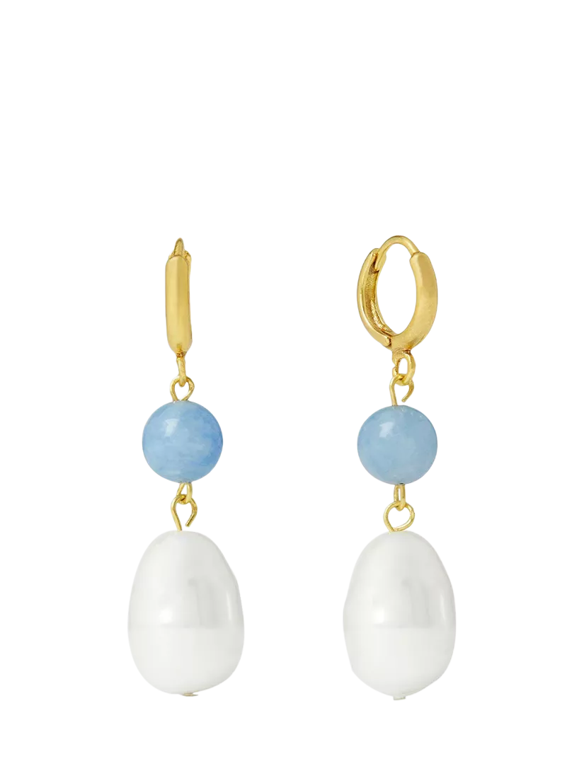 Ottoman Hands huggie pearl earrings gold with blue chalcedony (British brand)