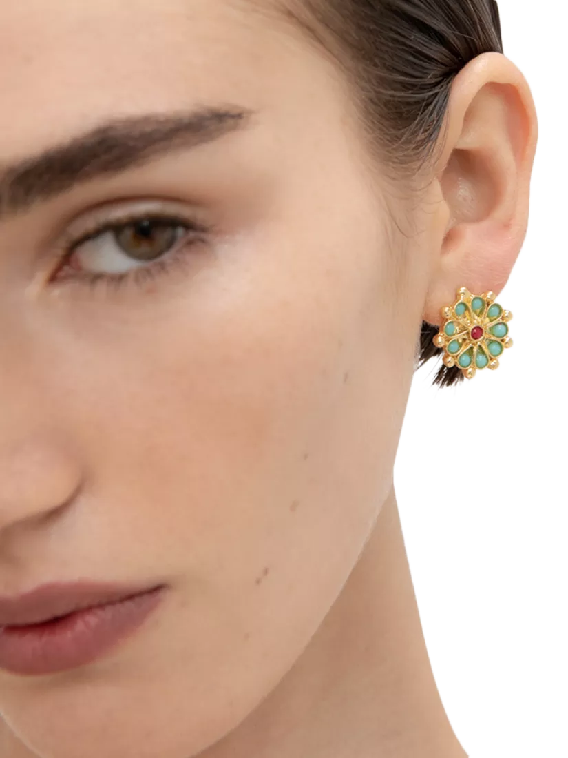 Ottoman Hands Marigold earrings with turquoise and red agate beads, imported from the UK