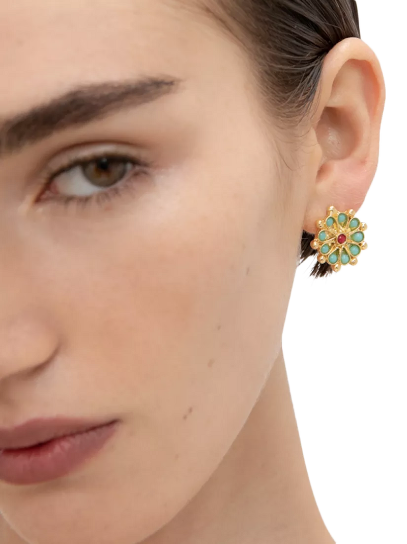 Ottoman Hands Marigold earrings with turquoise and red agate beads, imported from the UK