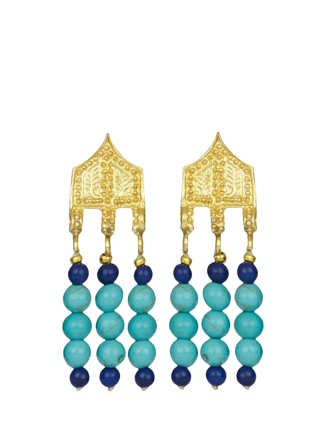 Ottoman Hands beaded drop earrings with turquoise and lapis 3.6cm, UK version