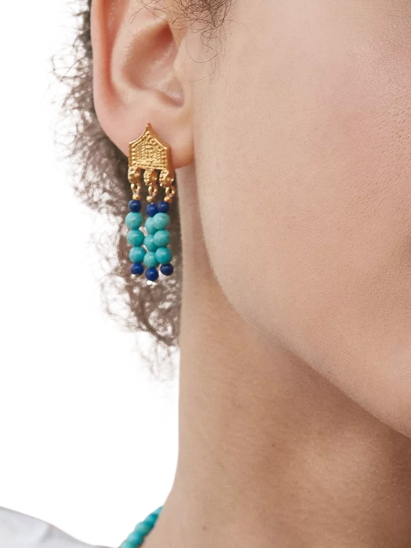 Ottoman Hands beaded drop earrings with turquoise and lapis 3.6cm, UK version