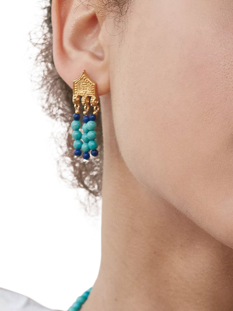 Ottoman Hands beaded drop earrings with turquoise and lapis 3.6cm, UK version