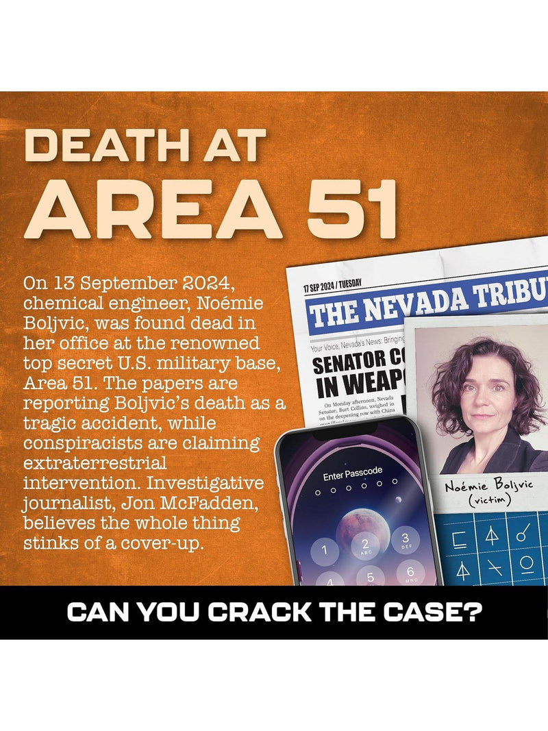 Lucky Egg Death At Area 51 escape room board game, UK version