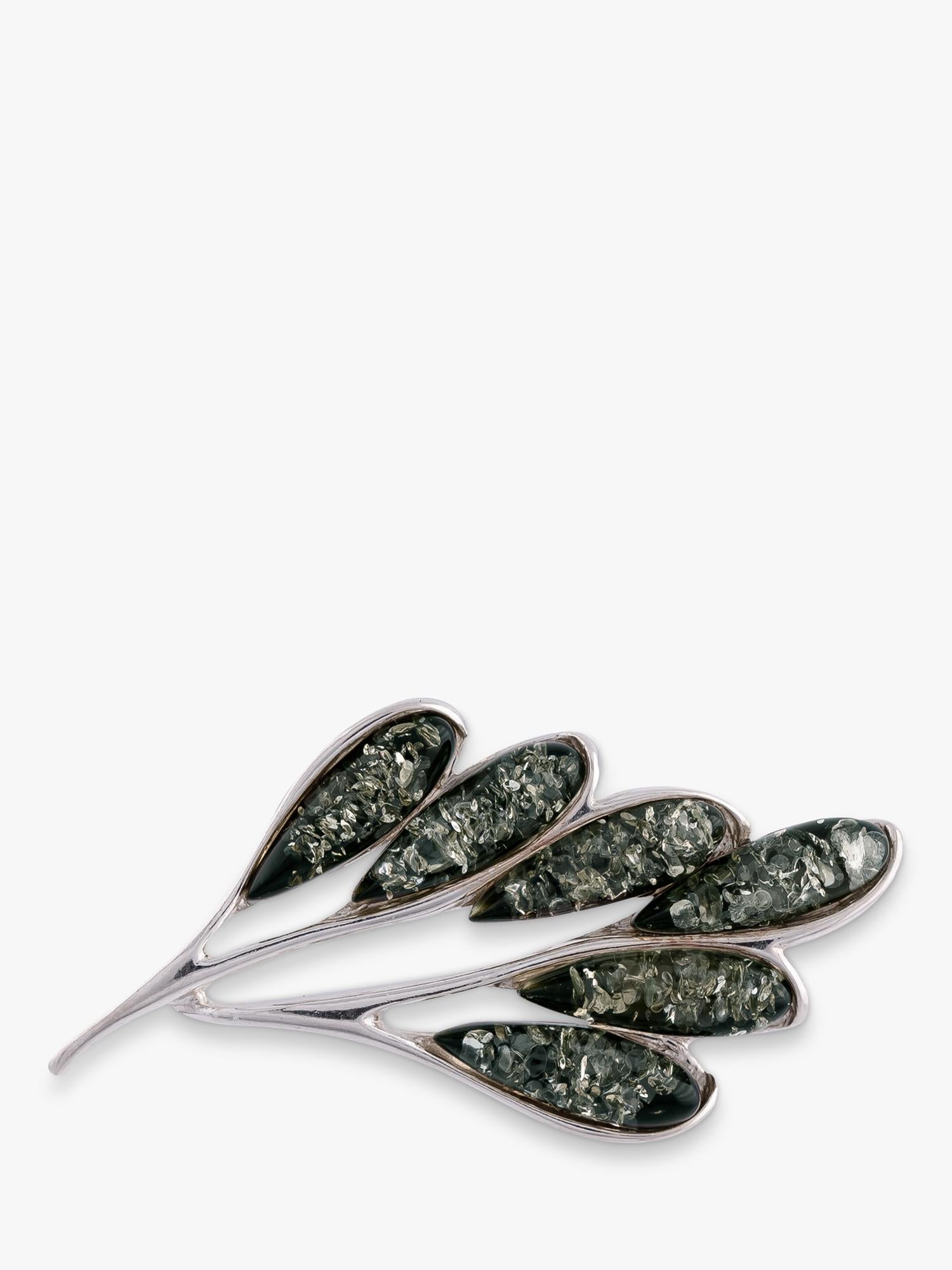 Be-Jewelled green Baltic amber leaf brooch sterling silver (British brand)
