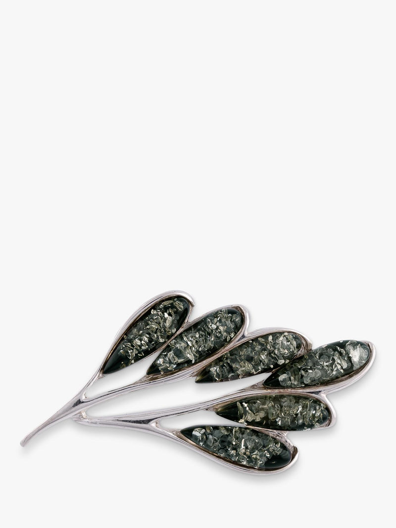 Be-Jewelled green Baltic amber leaf brooch sterling silver (British brand)