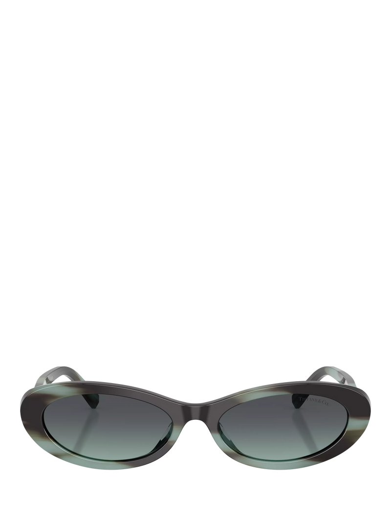 Tiffany & Co oval sunglasses with blue tinted lenses and black frame (British brand)