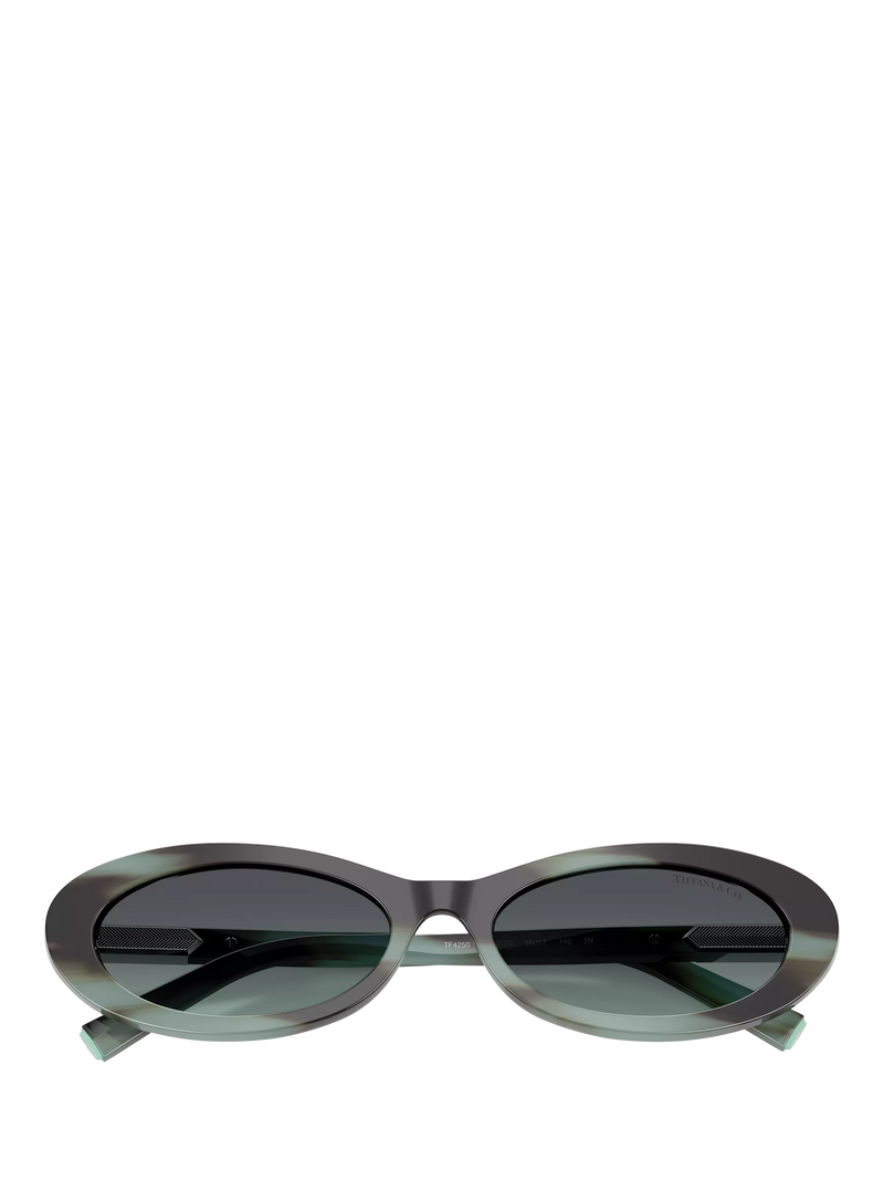 Tiffany & Co oval sunglasses with blue tinted lenses and black frame (British brand)