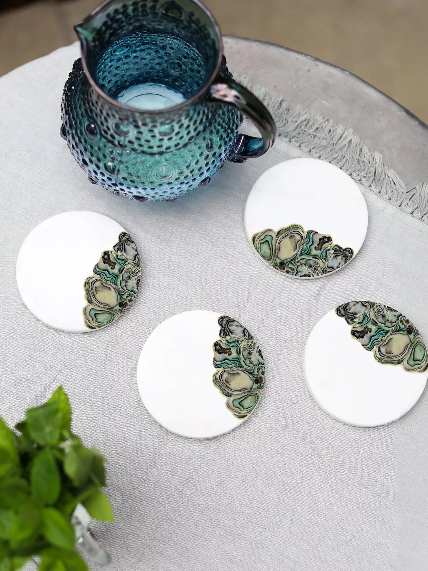 Culinary Concepts white marble mother of pearl coasters, imported from the UK