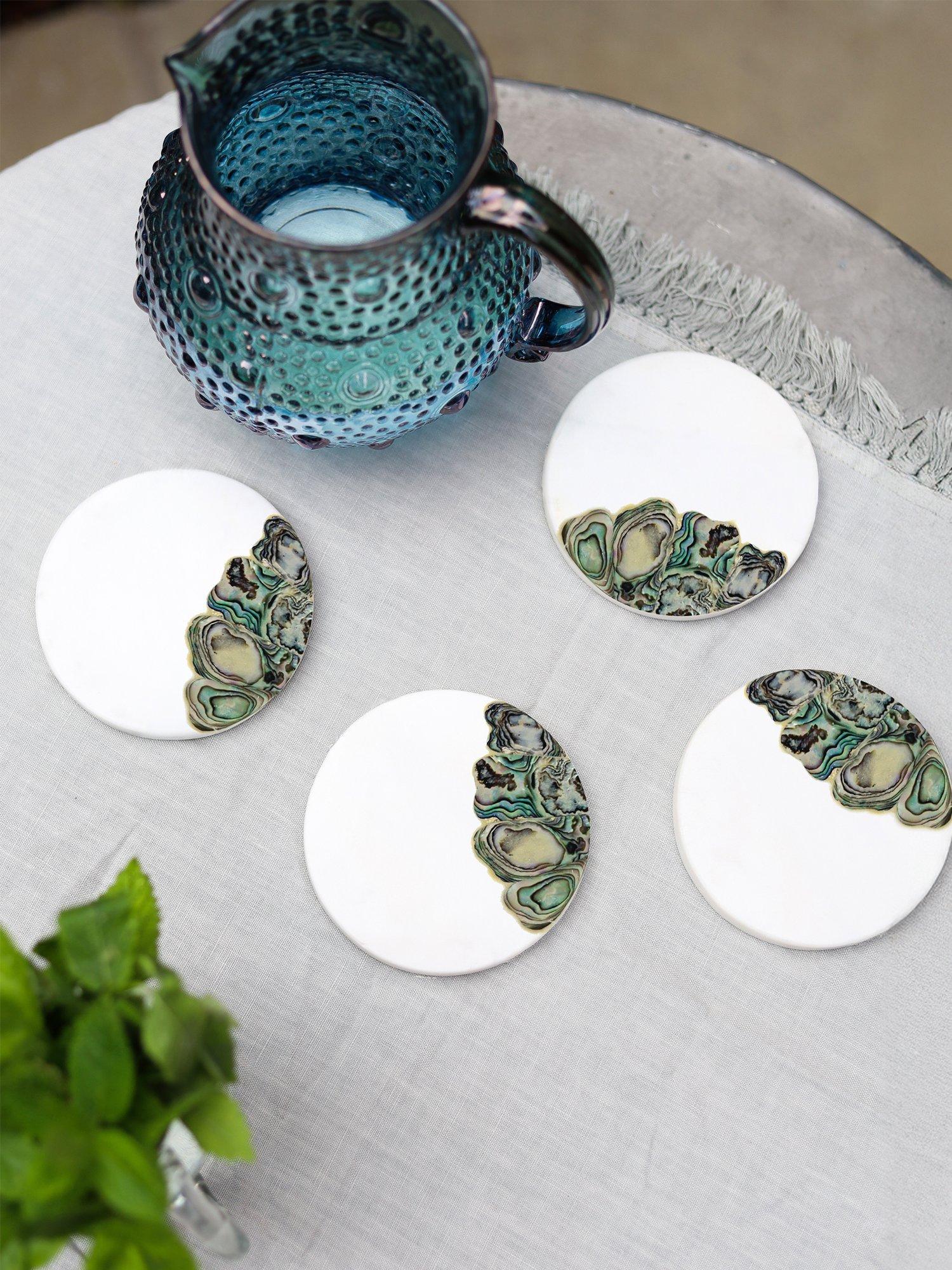 Culinary Concepts white marble mother of pearl coasters, imported from the UK
