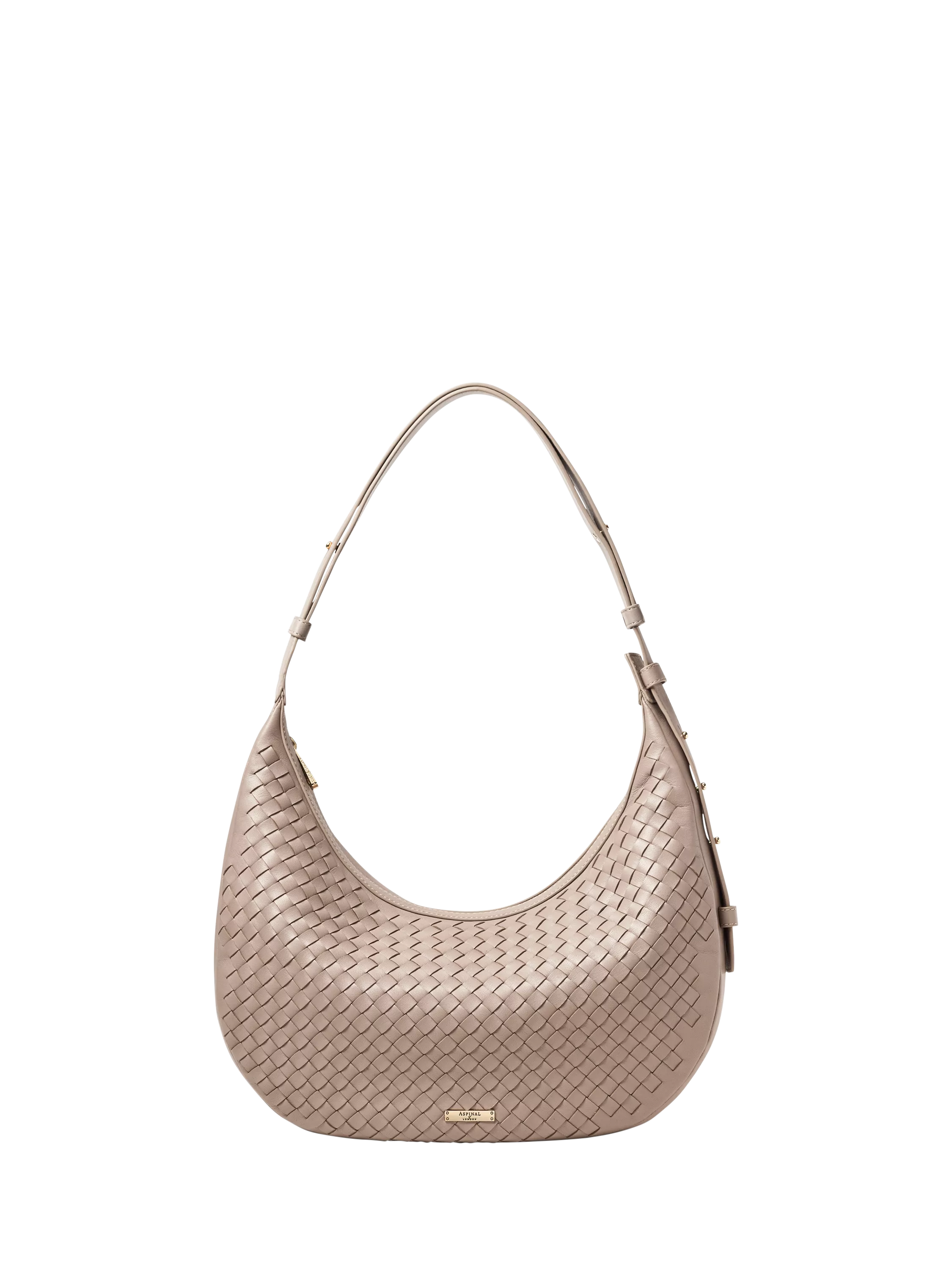 Aspinal of London taupe crescent shoulder bag with slot weave (British brand)