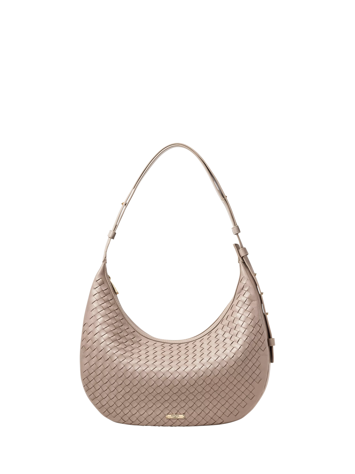 Aspinal of London taupe crescent shoulder bag with slot weave (British brand)